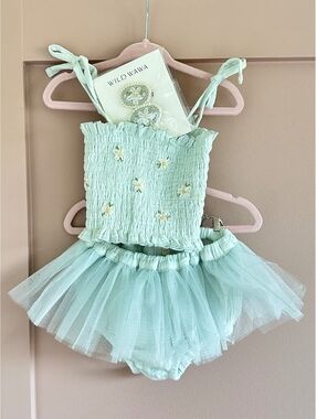 Wild Wawa Daisies Tutu Set WITH Clips - Seafoam - Sz 2/3Y